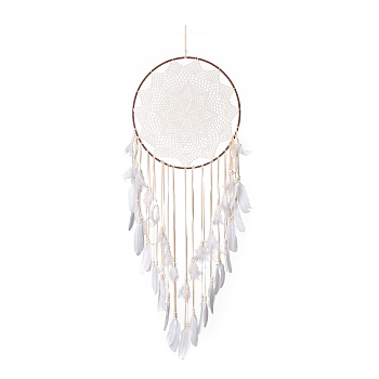 Handmade Round Cotton Woven Net/Web with Feather Wall Hanging Decoration, with Iron Rings, Flocking Cloth & Wooden Beads, for Home Offices Amulet Ornament, Flower Pattern, 1310mm