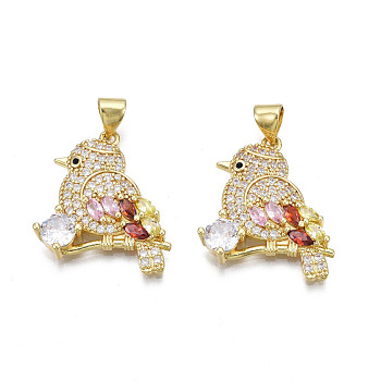 Brass Micro Pave 
Cubic Zirconia Pendants, with Brass Snap on Bails, Nickel Free, Real 18K Gold Plated, Bird, Colorful, 23x19x4mm, Hole: 3x5mm