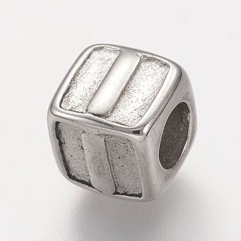 304 Stainless Steel European Beads, Horizontal Hole, Large Hole Beads, Cube with Letter.I, 8x8x8mm, Hole: 4mm