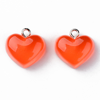 Transparent Resin Pendants, with Platinum Tone Iron Loop, Heart, Red, 16.5x17x9.5mm, Hole: 1.8mm