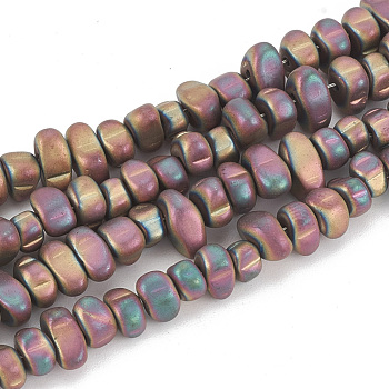 Electroplate Non-magnetic Synthetic Hematite Beads Strands, Matte Style, Chips, Rainbow Plated, 5~10x4.5~5.5x4mm, Hole: 1mm, about 105pcs/strand, 14.9 inch