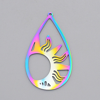 Ion Plating(IP) 201 Stainless Steel Pendants, Laser Cut, Teardrop with Sun, Rainbow Color, 45x25.5x1mm, Hole: 1.4mm