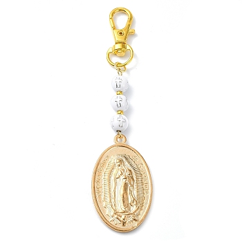 Alloy Oval with Virgin Mary Pendant Decorations, with Acrylic Beads and Alloy Swivel Lobster Claw Clasps, Religion, Golden, 108mm