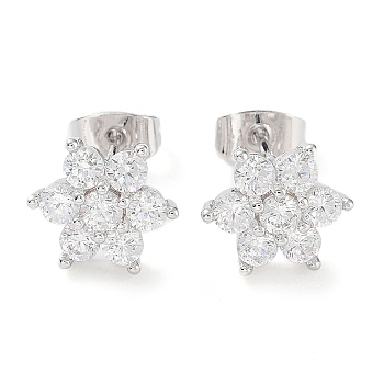 Brass Micro Pave Cubic Zirconia Stud Earrings, Snowflake Jewelry for Women, Platinum, 9.5x11mm