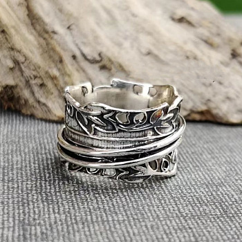 Retro Zinc Alloy Rotating Finger Rings, Leaf, Hip-Hop Style, Fidget Spinner Ring for Calming Worry Meditation, Antique Silver, US Size 7(17.3mm)