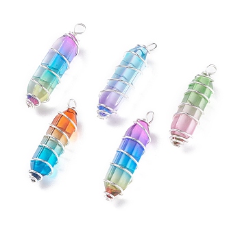 Glass Pendants, with Glass Double Terminated Point Beads and Copper Jewelry Wire, Bullet, Mixed Color, 33.5~37x10~11mm, Hole: 2.5~3mm