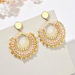 Flat Round 304 Stainless Steel Glass Seed Beads Dangle Stud Earrings, Golden, Cornsilk, 70x52mm(FS-WG93AED-02)