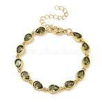Teardrop Brass Pave Cubic Zirconia Link Chain Bracelets for Women, Rack Plating, Cadmium Free & Lead Free, Long-Lasting Plated, Golden, Dark Olive Green, 6.10 inch(15.5cm)(BJEW-P385-06G-02)