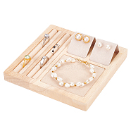 Square Wooden Jewelry Organizer Display Trays, with PU Leather, Jewelry Storage Holder for Ring & Earring & Bracelet, with 2Pcs Earring Display Cards, Gray, 15x15x1.7cm, Inner Diameter: 4.7x3.6cm(EDIS-WH0030-21A)