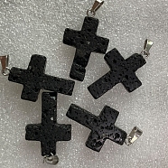 Natural Lava Rock Pendants, with Platinum Tone Brass Findings, Cross, 25x18mm(G-PW0006-02P-18)