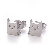 304 Stainless Steel Stud Earrings, Hypoallergenic Earrings, with Ear Nuts/Earring Back, Cat, Stainless Steel Color, 7.8x6.5mm, Pin: 0.8mm(X-EJEW-F227-15P)