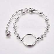 304 Stainless Steel Bracelet Making, with Lobster Claw Clasps, Dolphin Link Chains and Flat Round Cabochon Settings, Stainless Steel Color, Tray: 16mm, 5-7/8 inch(14.8cm)(STAS-WH0014-20P)