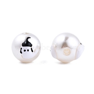 Halloween Opaque ABS Plastic Imitation Pearl Enamel Beads, Round with Ghost, Black, 11.5~12mm, Hole: 2mm(KY-G020-01I)