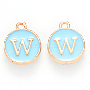 Golden Plated Alloy Enamel Charms, Cadmium Free & Lead Free, Enamelled Sequins, Flat Round, Sky Blue, Letter.W, 14x12x2mm, Hole: 1.5mm(ENAM-S118-04W)