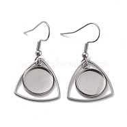 201 Stainless Steel Earring Hooks, with Triangle Blank Pendant Trays, Flat Round Setting for Cabochon, Stainless Steel Color, 36mm, 22 Gauge, Pin: 0.6mm(STAS-Z036-09P)