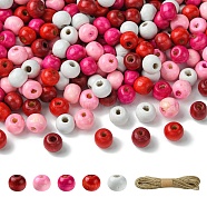 1000Pcs 5 Colors Valentine's Day Round Dyed Natural Wood Beads, Lead Free, with 1 Bundle Jute Cord, Mixed Color, Beads: 8x7mm, Hole: 3mm, 200pcs/color(WOOD-YW0001-13)