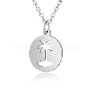 201 Stainless Steel Pendant Necklaces, with Cable Chains, Flat Round with Coconut Palm, Stainless Steel Color, 15.7 inch(40cm), 1.5mm, Flat Round: 16x13.5x1mm(NJEW-T009-JN133-40-1)