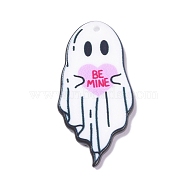 Halloween Printed Acrylic Pendants, Ghost with Heart & Word Be Mine Charm, Pink, 43.5x22x2mm, Hole: 1.8mm(X-MACR-C016-01A)