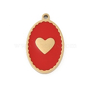 304 Stainless Steel Enamel Pendants, Oval with Heart Charms, Real 18K Gold Plated, Ion Plating(IP), Red, 18x11x1.4mm, Hole: 1.2mm(STAS-I325-049G)