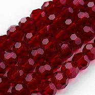 Transparent Glass Bead Strands, Imitate Austrian Crystal, Faceted(32 Facets), Round, DarkRed, 8mm, Hole: 1mm, about 70~72pcs/strand, 20~21 inch(GLAA-G013-8mm-97)