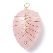 Natural Rose Quartz Pendants, with Light Gold Tone Copper Wire Wrapped, Water Drop, 42~43x25~26x12mm, Hole: 4mm(PALLOY-JF01293-04)