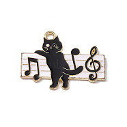 Music Theme Charm, Alloy Enamel Pendants, Cat with Music Scores, Golden, White, 21.5x27.5x1.2mm, Hole: 2mm(ENAM-M049-04G-C)