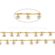Handmade Brass Bar Link Chains, Soldered, with Enameled Star & Evil Eye Charms, with Spool, Long-Lasting Plated, Real 18K Gold Plated, White, Link: 12.5x1.8x0.8mm, Star: 8x6.5x2.5mm, about 32.8 Feet(10m)/roll(CHC-F011-11B-G)