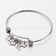 Adjustable 304 Stainless Steel Bangles, Charm Bangles, Stainless Steel Color, 59x61mm(BJEW-JB02418)