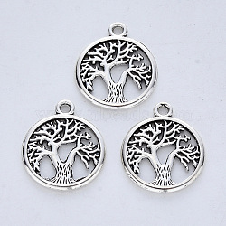 Tibetan Style Alloy Pendants, Cadmium Free & Lead Free, Flat Round with Tree of Life, Antique Silver, 18.5x15.5x1.5mm, Hole: 1.6mm(X-TIBE-R316-111AS-RS)