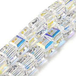 Electroplate Glass Beads Strands, Half Rainbow Plated, Faceted, Cube, Clear AB, 7~7.5x7~7.5x7~7.5mm, Hole: 1mm(EGLA-M031-01A-HR10)