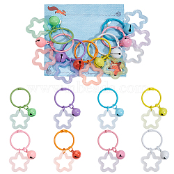 8Pcs 8 Colors Glitter Acrylic Star Pendant Stitch Markers with Bell, Iron Crochet Loose Leaf Ring Charms, Mixed Color, 6cm, 1pc/color(HJEW-AB00680)