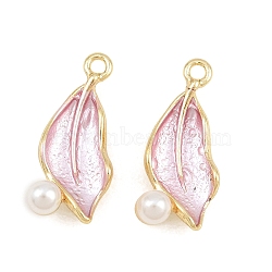 Alloy with Pearl Pink Enamel Pendants, with ABS Plastic Imitation Pearl, Leaf Charms, Long-Lasting Plated, Rack Plating, Golden, 21x9.5x6mm, Hole: 1.5mm(AL-CBA1FD3-26G-01)