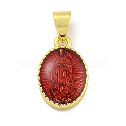 Rack Plating Brass Enamel Pendants, Long-Lasting Plated, Lead Free & Cadmium Free, Real 18K Gold Plated, Oval with Saint Charm, Brown, 15x10x3mm, Hole: 5x3.5mm(KK-B091-15H)