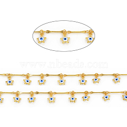 Handmade Brass Bar Link Chains, Soldered, with Enameled Star & Evil Eye Charms, with Spool, Long-Lasting Plated, Real 18K Gold Plated, White, Link: 12.5x1.8x0.8mm, Star: 8x6.5x2.5mm, about 32.8 Feet(10m)/roll(CHC-F011-11B-G)