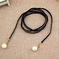 Imitation Leather Braided Belly Belt with Plastic Imitation Pearl Round Bead, Black, 1400mm(WG11EBA-03)