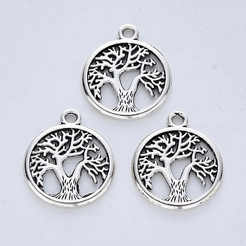 Tibetan Style Alloy Pendants, Cadmium Free & Lead Free, Flat Round with Tree of Life, Antique Silver, 18.5x15.5x1.5mm, Hole: 1.6mm