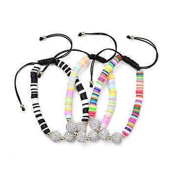 Adjustable Nylon Cord Braided Bead Bracelets Sets, with Polymer Clay Heishi Beads, Rhinestone Pave Disco Ball Beads and Brass Beads, Mixed Color, Inner Diameter: 2-1/8 inch~3-3/4 inch(5.5~9.7cm), 3pcs/set
