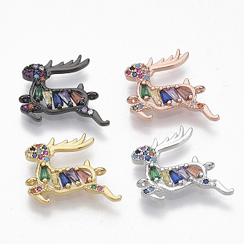 Brass Micro Pave Cubic ZirconiaLinks connectors, Christmas Reindeer/Stag, Christmas, Colorful, Mixed Color, 16.5x19x2.5mm, Hole: 1mm