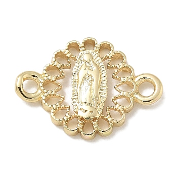 Rack Plating Brass Flat Round Connector Charms, Religion Virgin Mary Links, Long-Lasting Plated, Lead Free & Cadmium Free, Real 18K Gold Plated, 10x14x1.8mm, Hole: 1.6mm