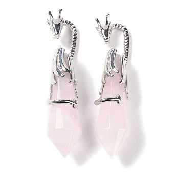 Natural Rose Quartz Faceted Pointed Bullet Big Pendants, Rack Plating Brass Dragon Charms, Lead Free & Cadmium Free, Platinum, 73.5~78.5x15.5~16.5x15.5~16.5mm, Hole: 4x2.5mm