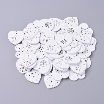 Natural Poplar Wood Pendants, Spray Painted, for Christmas, Heart with Snowflake, White, 27.5x28.5x2.5mm, Hole: 2.5mm