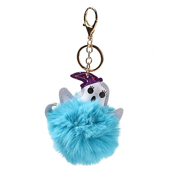 Halloween Alloy Keychain, with PU Imitation Leather and Plush Pompom, Ghost, Sky Blue, 16.5cm
