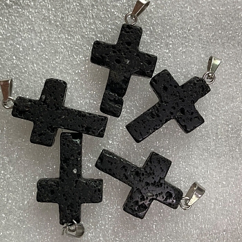 Natural Lava Rock Pendants, with Platinum Tone Brass Findings, Cross, 25x18mm