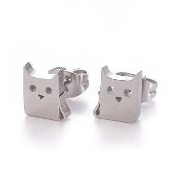 304 Stainless Steel Stud Earrings, Hypoallergenic Earrings, with Ear Nuts/Earring Back, Cat, Stainless Steel Color, 7.8x6.5mm, Pin: 0.8mm