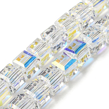 Electroplate Glass Beads Strands, Half Rainbow Plated, Faceted, Cube, Clear AB, 7~7.5x7~7.5x7~7.5mm, Hole: 1mm