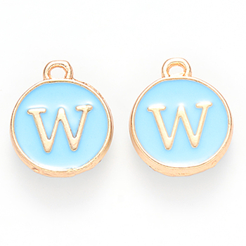 Golden Plated Alloy Enamel Charms, Cadmium Free & Lead Free, Enamelled Sequins, Flat Round, Sky Blue, Letter.W, 14x12x2mm, Hole: 1.5mm