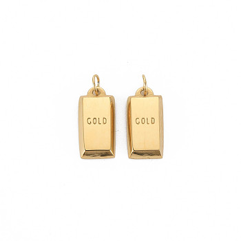 Ion Plating(IP) 304 Stainless Steel Charms, with Jump Rings, Rectangle with Word Gold, Real 14K Gold Plated, 14.5x7x2mm, Jump Ring: 4x1mm, 2.5mm inner diameter