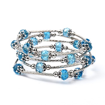 Fashion Wrap Bracelets, with Rondelle Glass Beads, Tibetan Style Bead Caps, Brass Tube Beads and Steel Memory Wire, Deep Sky Blue, Inner Diameter: 55mm