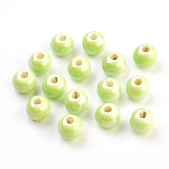 Handmade Porcelain Beads, Pearlized, Round, Green Yellow, 8mm, Hole: 2mm