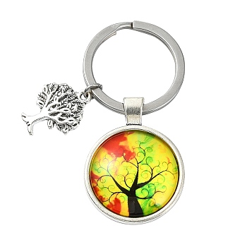 Alloy Glass Keychains, with 304 Stainless Steel Keychain Clasps, Flat Round, Yellow, 6.2cm